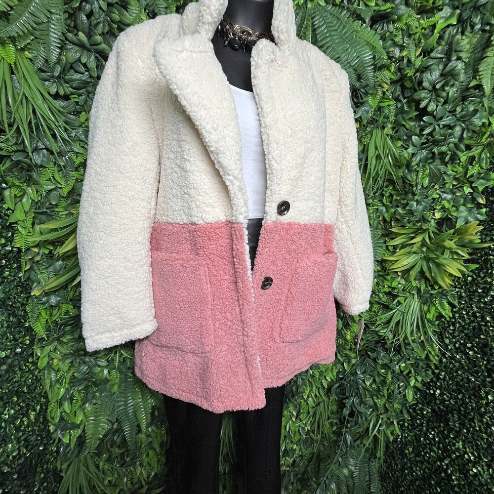 FRENCH CONNECTION Women Jacket XL Blazer Cream Pink Teddy Fleece Faux Fur NWT - Picture 5 of 10
